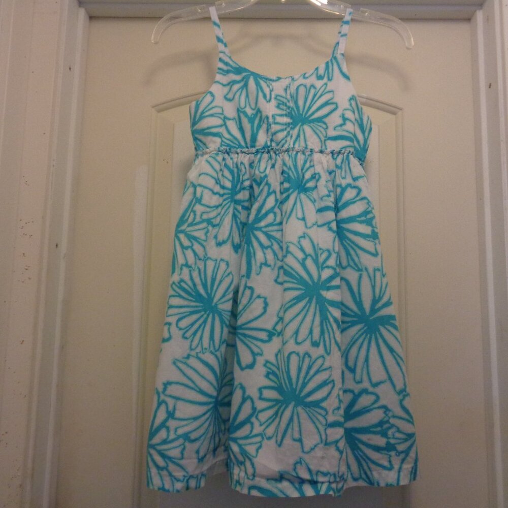 GIRLS GYMBOREE COTTON AQUA & WHITE FLORALS SHEERED SUNDRESS 10